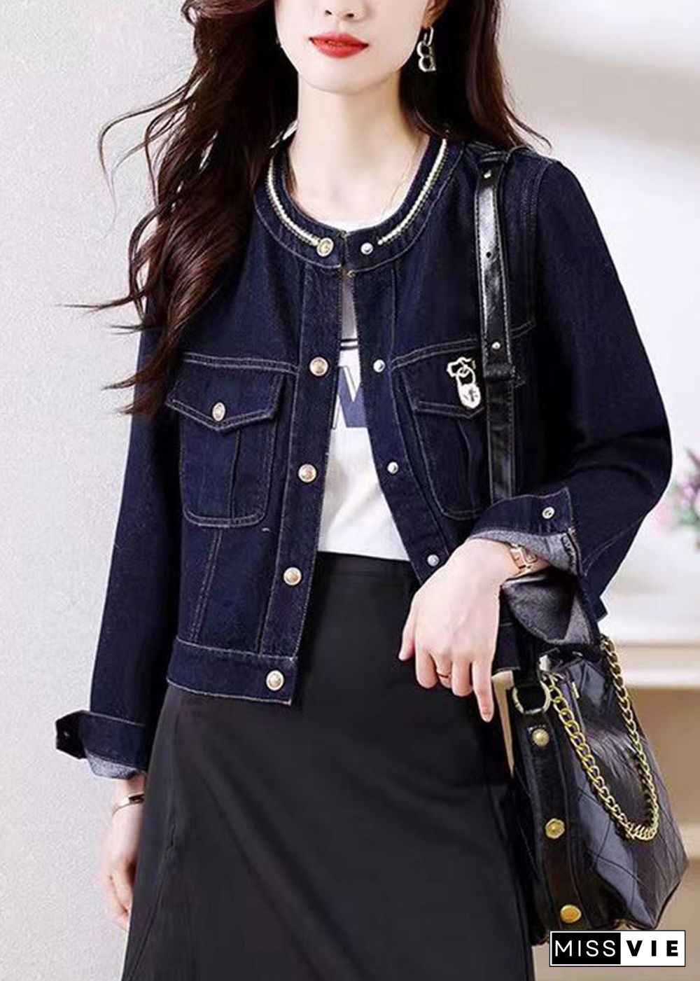 Novelty Dark Blue Patchwork Button Denim Coats Fall