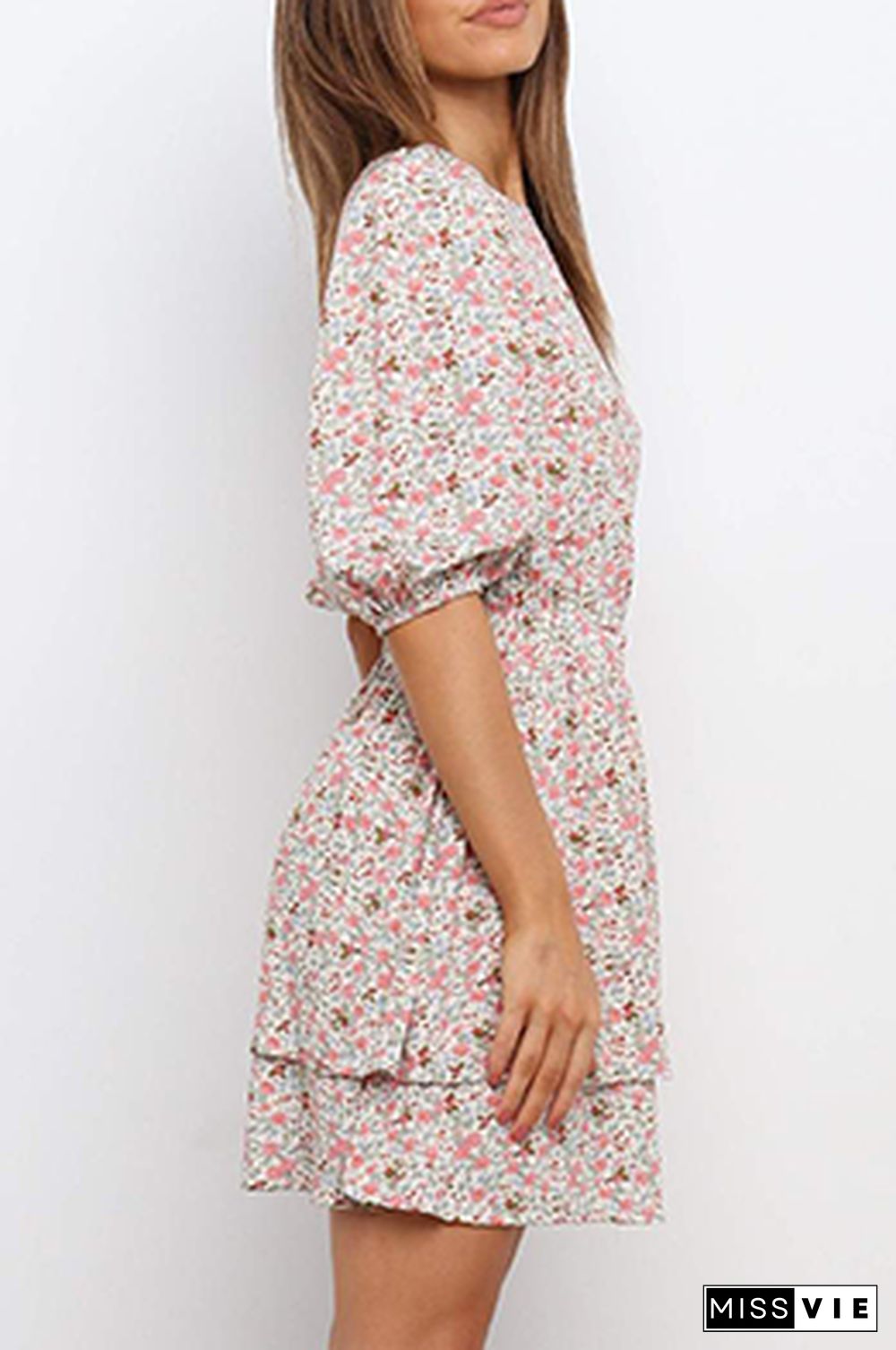 Casual Sweet Floral Split Joint Flounce O Neck Waist Skirt Dresses