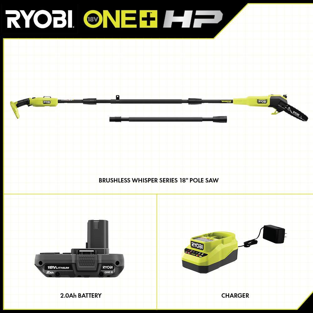 RYOBI ONE+ HP 18V Brushless Whisper Series 8 in. Cordless Battery Pole Saw with 2.0 Ah Battery and Charger P2580