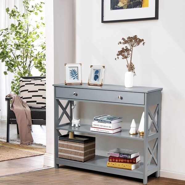 Costway 3-Tier Console Table X-Design Sofa Entryway Table with Drawer