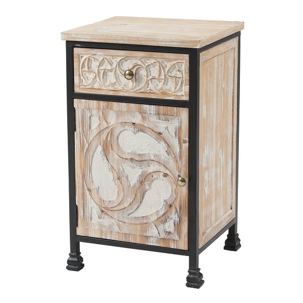 Black Metal Frame and Carved Wood 1-Door 1-Drawer End Table with Storage - 25.875