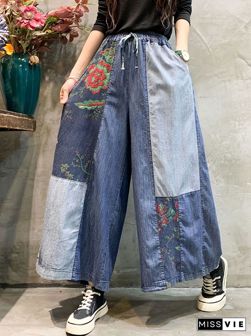 Casual Wide Leg Loose Color-Block Bandage Embroidered Jean Pants Bottoms