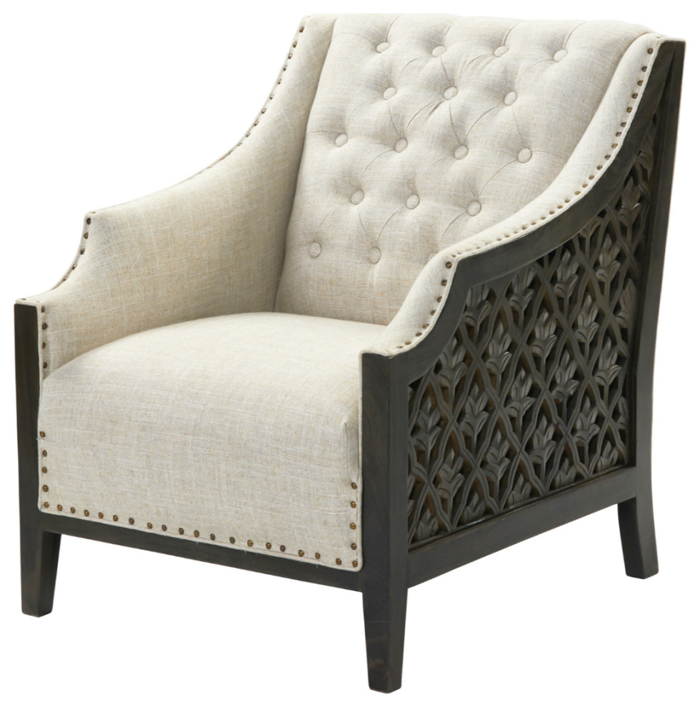 Solid Wood Base Floral Lattice Carved Panels Button Tufted Accent Chair   Noal   Transitional   Armchairs And Accent Chairs   by Sideboards and Things  Houzz