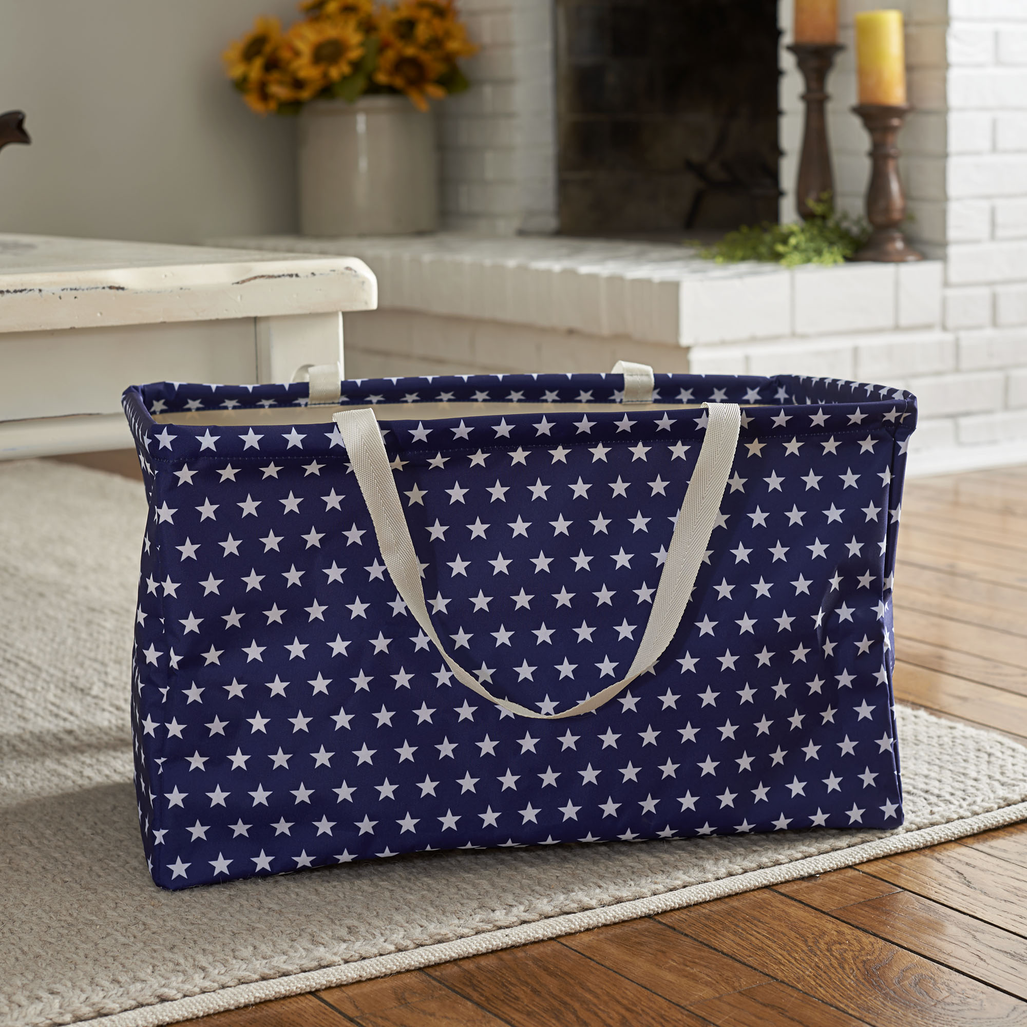 Household Essentials Krush Re Countangle Utility Tote Bag， White Stars on Blue