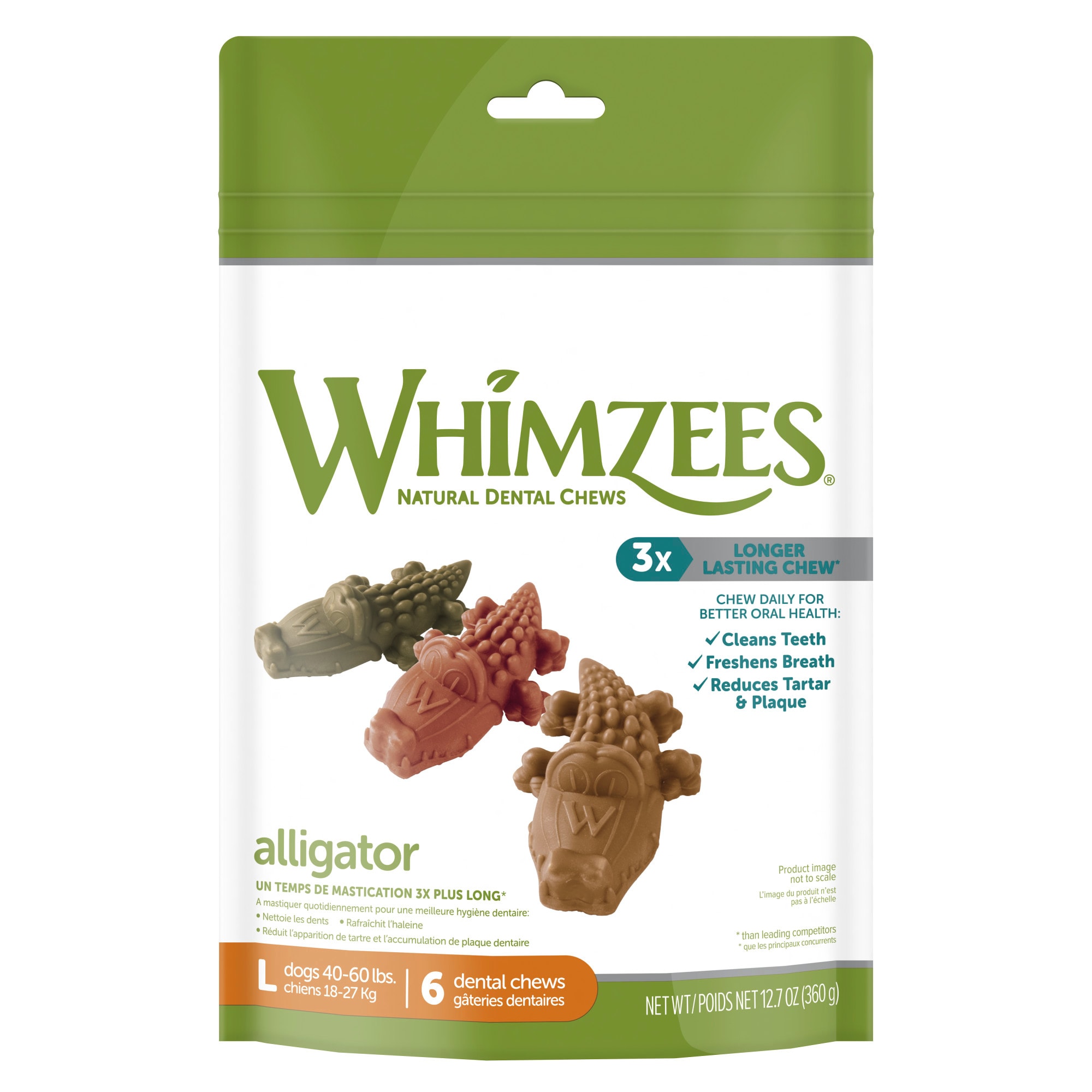 Whimzees Natural Grain Free Daily Dental Long Lasting Alligator Large Dog Treats， 12.7 oz.， Pack of 6