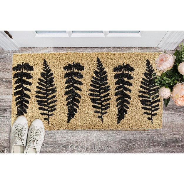 Green Fern Leaf Print Rectangle Indoor And Outdoor Estate Coir Door Welcome Mat Green On Beige Background