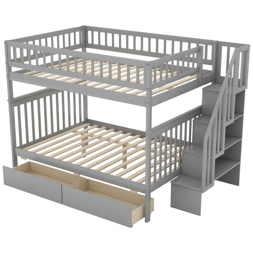 Full Over Full Bunk Bed with Two Drawers and Stora...