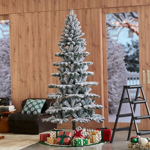 Glitzhome 7.5ft/9ft PreLit Flocked Slim Spruce Artificial Christmas Tree with Warm White Lights