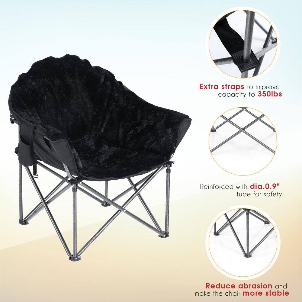 PHI VILLA Folding Luxury Plush Moon Camping Chair Heavy-Duty Saucer Chair With Carrying Bag Soft Black Pedded Outdoor and Indoor THD-E01CC0401-00409