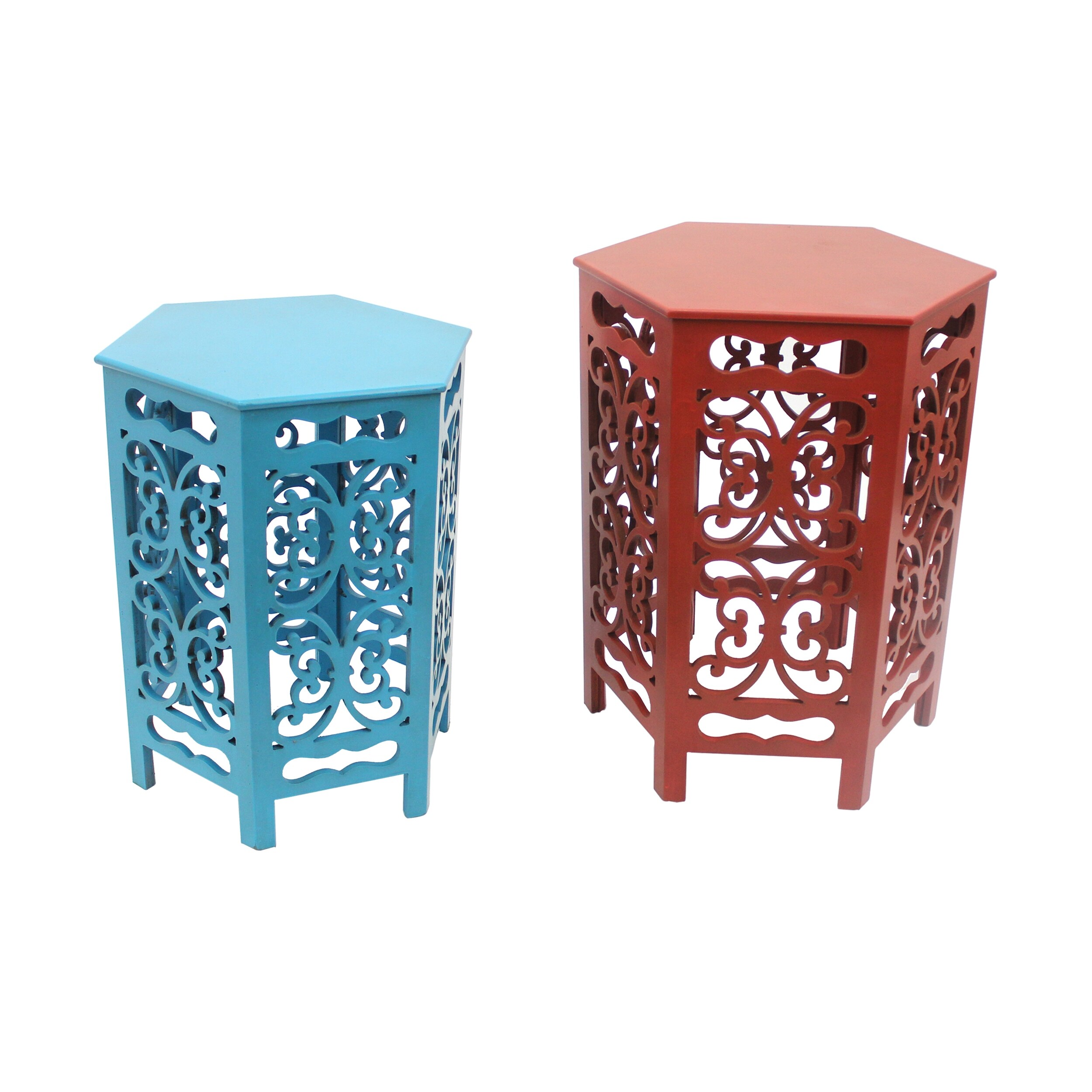 2 Piece Hexagonal Wooden Side Table with Cut Out Details， Red and Blue