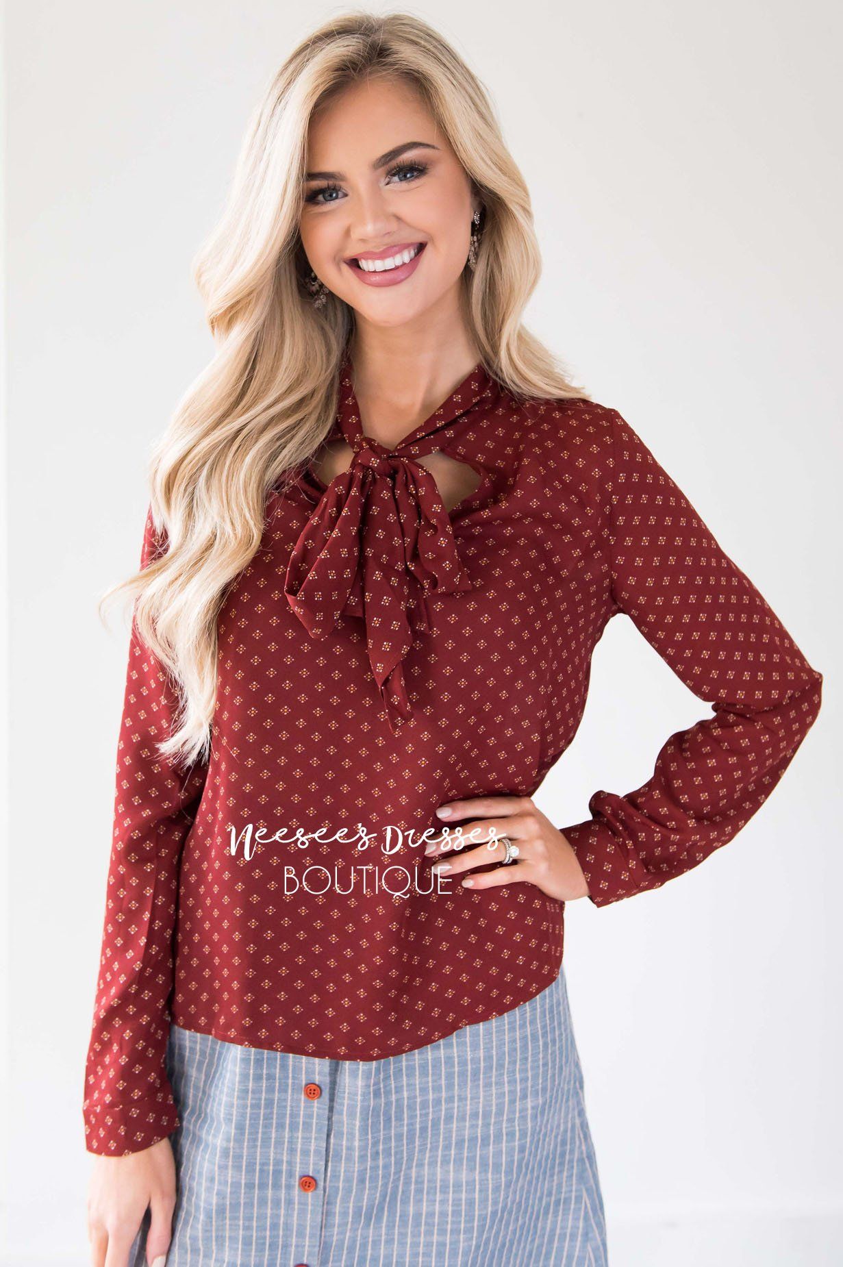 Rust Diamond Printed Neck Tie Blouse