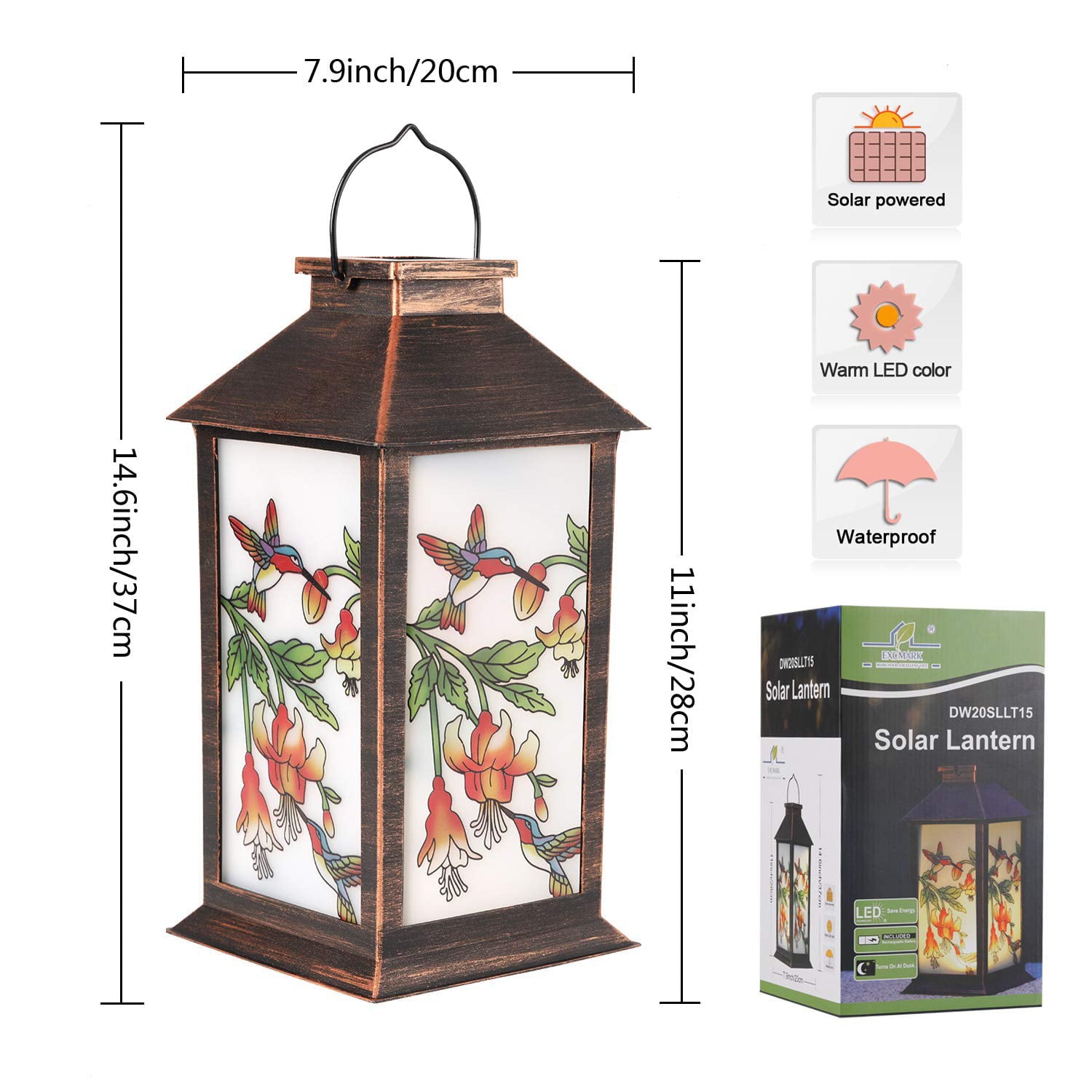 EXCMARK Solar Lanterns Outdoor Hanging Solar Lights Decorative for Garden Patio Porch and Tabletop Decorations with Hummingbird Pattern.