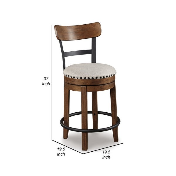 Zane 25 Inch Swivel Counter Height Stool， Round Cushioned Seat， Brown Wood