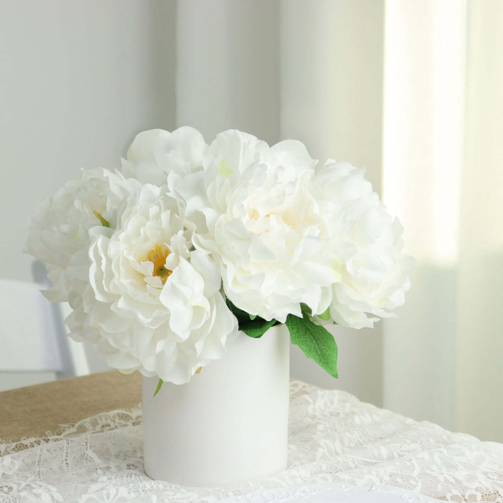 2 Bushes White Artificial Silk Peony Flower Bouquets, Real Touch Peonies Spray 17