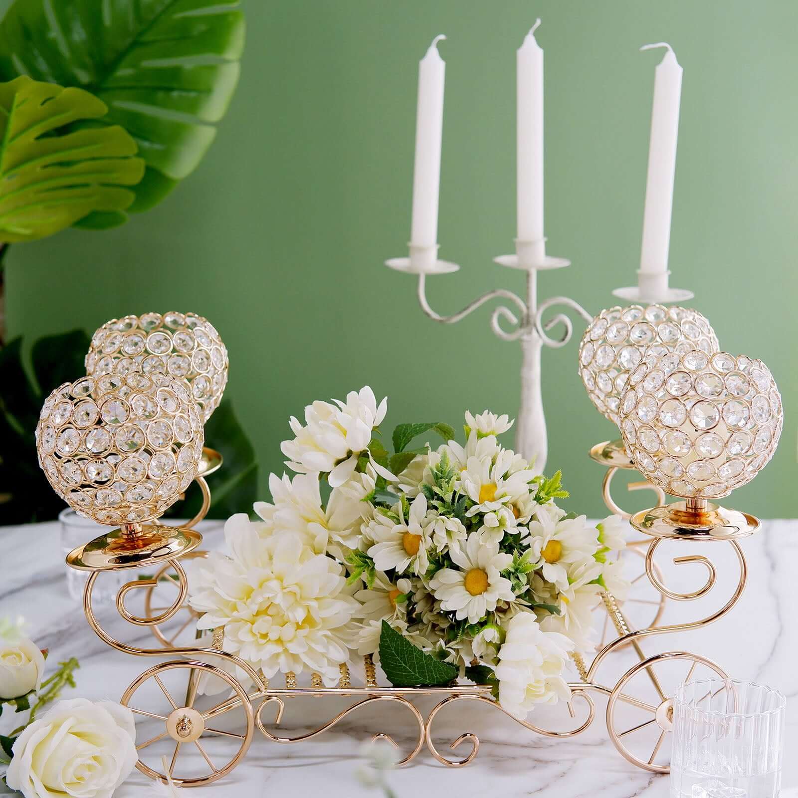 Gold Metal 4-Arm Crystal Cinderella Carriage Candle Holder Centerpiece 18