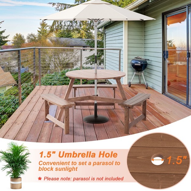 Tangkula 6 person Outdoor Wooden Picnic Table W 3 Benches amp Solid Wood Table Circular Outdoor Dining Table W Umbrella Hole