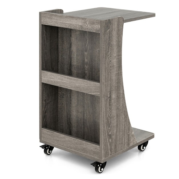 Costway Side Table With Rolling Casters Mobile C shaped End Table With 2 tier Open Storage Shelf amp 2 Back Storage Compartments Brown grey