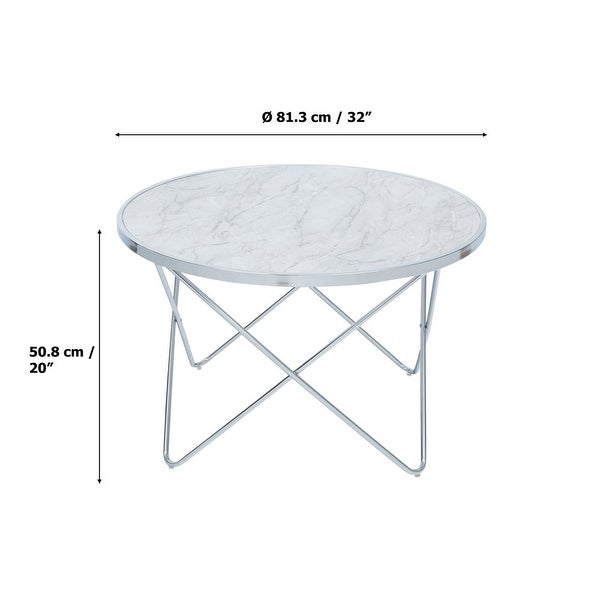 Margo Small Round Faux White Carrara Marble Coffee Table， White