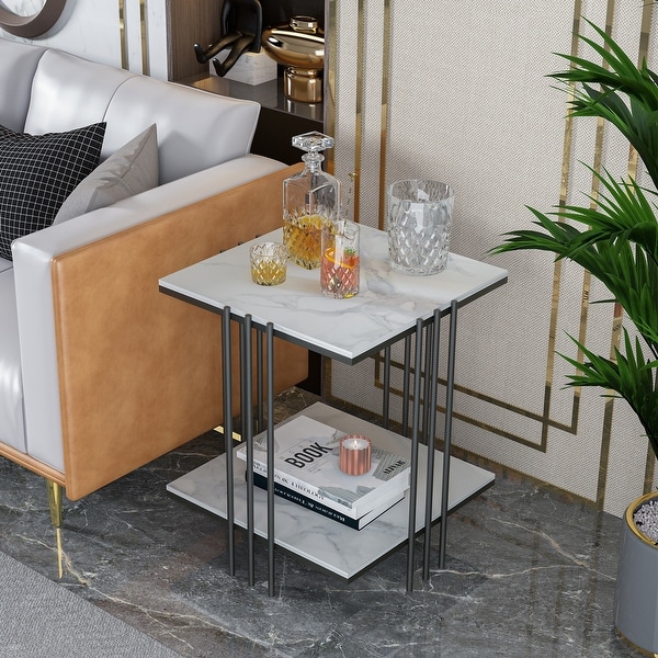 Marble Side Table End Table with Shelves with Black Frame