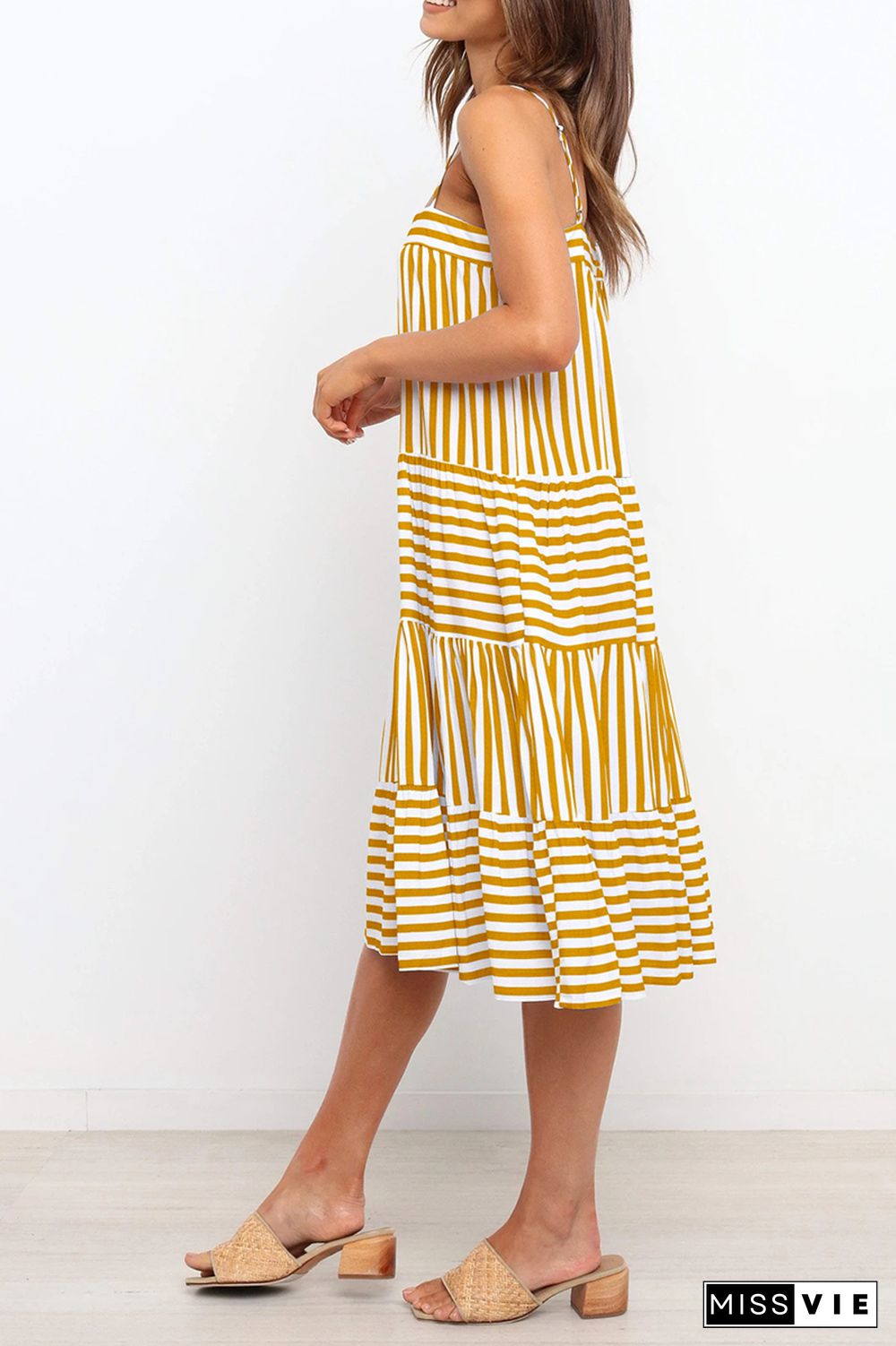 Casual Striped Spaghetti Strap Cake Skirt Dresses(4 Colors)