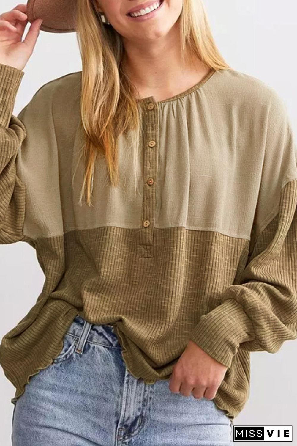 Khaki Ribbed Patchwork Drop Shoulder Buttoned Neckline Blouse