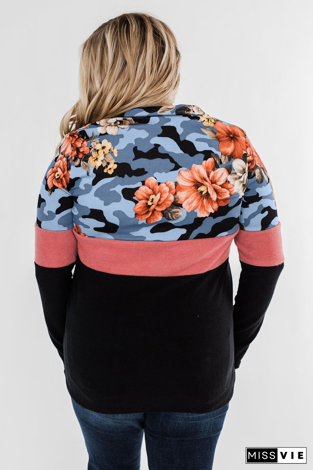 Camo Floral Colorblock Quarter Zip Plus Size Sweatshirt