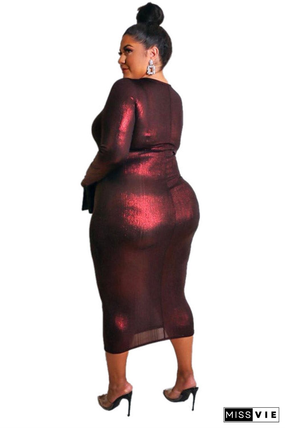 Plus Size Burgundy Long Sleeve Cocktail Party Dress