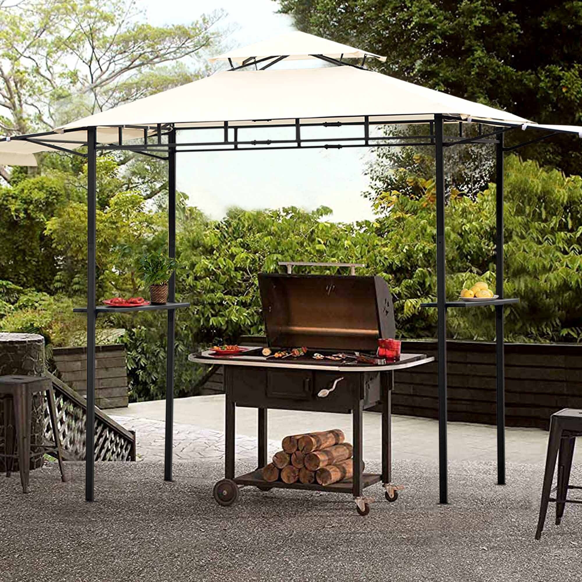 12Ft.Lx4.3Ft.W Steel Double Tiered Patio BBQ Grill Gazebo， Beige