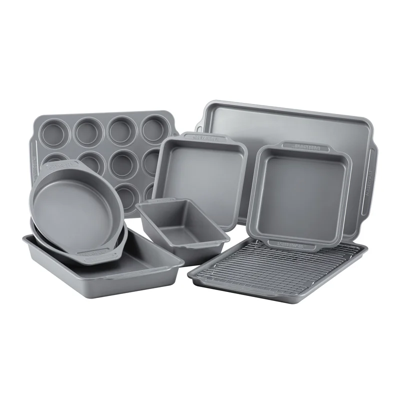 Farberware 46650 Nonstick Steel Bakeware Set with Cooling Rack， Baking Pan and Cookie Sheet Set with Nonstick Bread Pan and Cooling Grid， 10-Piece Set， Gray