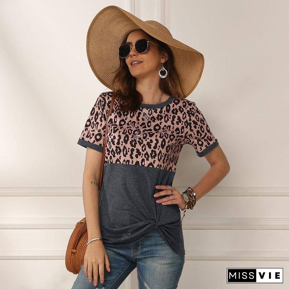 Leopard T-shirt Women Patchwork Top Summer Short Sleeve Tee Shirts Women Clothes New Tie Tops Tee Female 2XL Tee