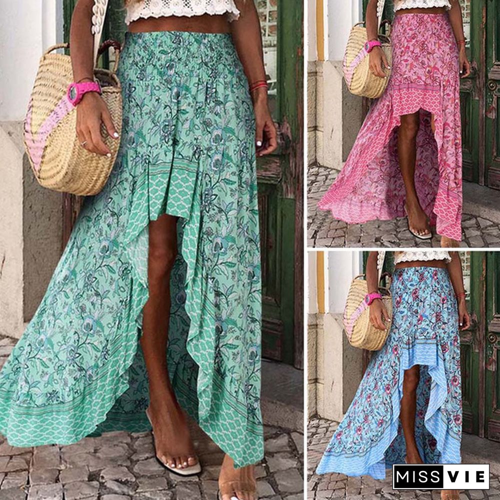 Womens High Waist High Low Ladies Casual Sundress Floral Elastic Waist Skirts