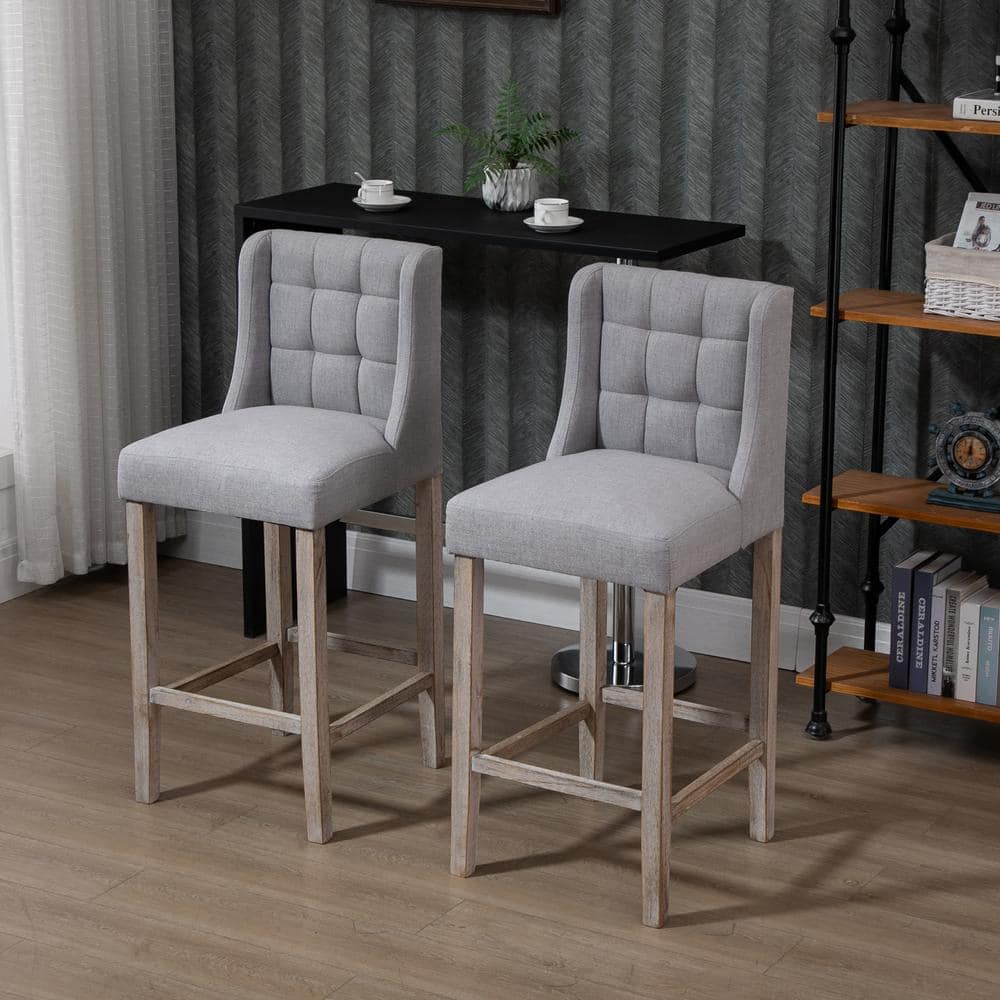 HOMCOM 41.75 in. Grey Low Back Metal Foot Rest Bar Height Bar Stool with Tufted Upholstered Pub Seat (Set of 2) 835-485V01GY