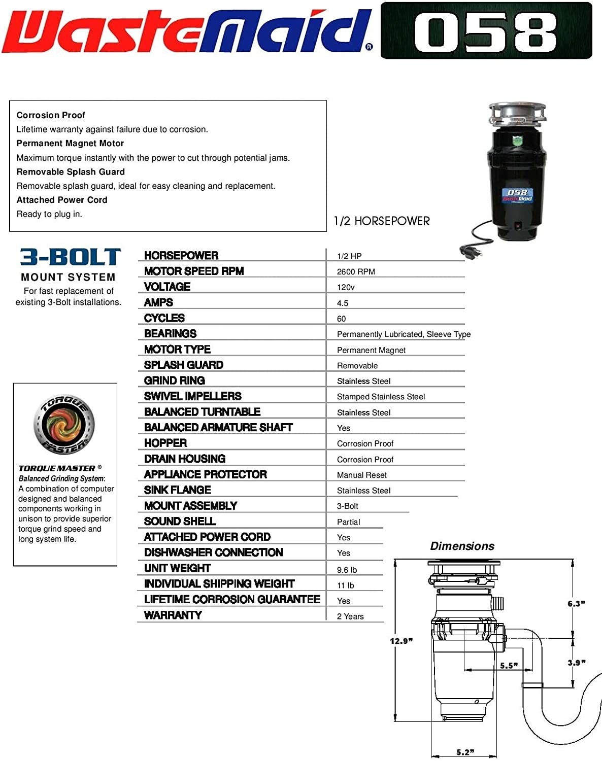 Waste Maid 10-US-WM-058-3B Garbage Disposal Anti-Jam Stainless Steel Food Waste Grinding System， 1/2 HP Economy， Black