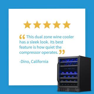 NewAir Dual Zone 24 in. 46-Bottle Built-In Wine Cooler Fridge with Quiet Operation  Beech Wood Shelves - Black Stainless Steel NWC046BS00