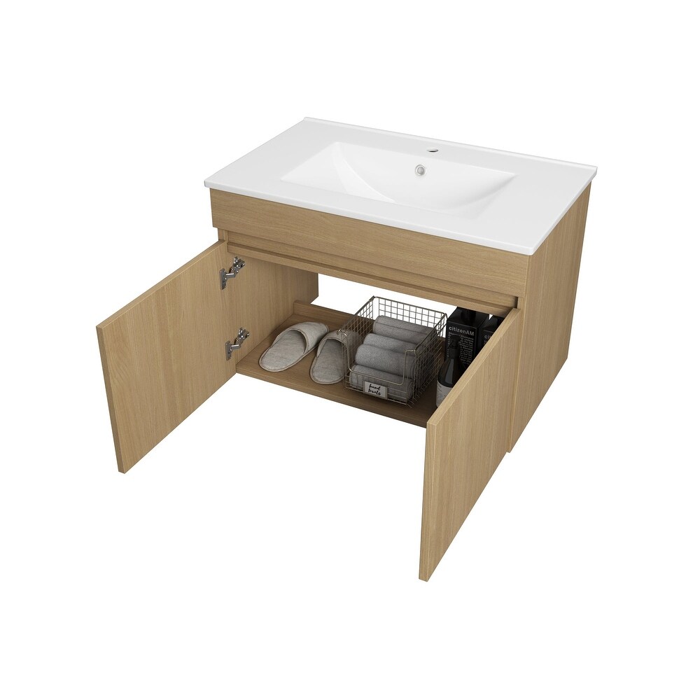 Plywood Wall Mounted Bathroom Vanity Set in Light Oak with Integrated Ceramic Sink