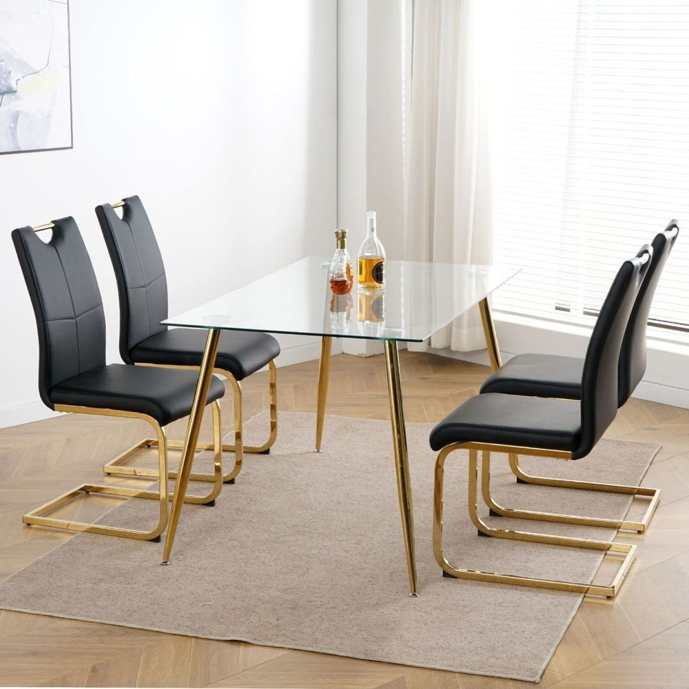 Modern Dining Chairs with Faux Leather Padded Seat and gold Metal Legs Set of 4