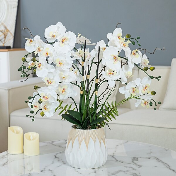 7 Stems Real Touch Phalaenopsis Plastic Orchids with Green Leaf in White Ceramic Pot