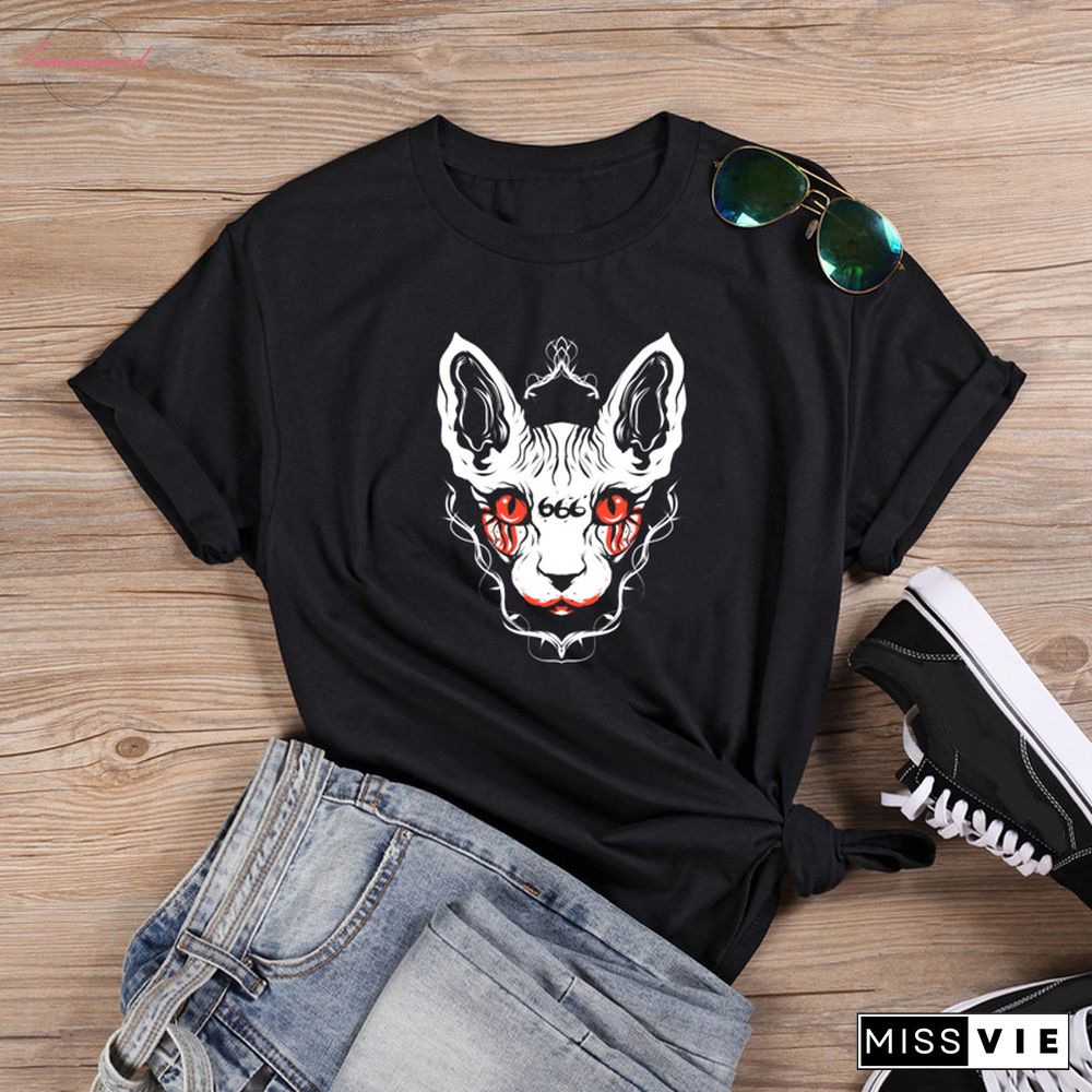 Colored Death Metal Goth Occult Sphynx Cat 666 T-shirtWomen 100% CottonFunny fashionAestheticCasualUnisexTeeTopTshirt