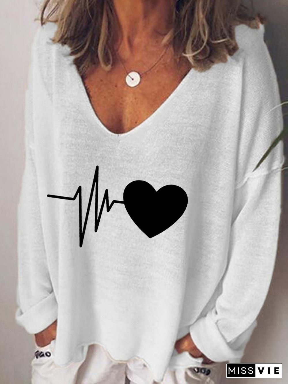 Women'S T-Shirts Heartbeat Print V-Neck Long Sleeve T-Shirt