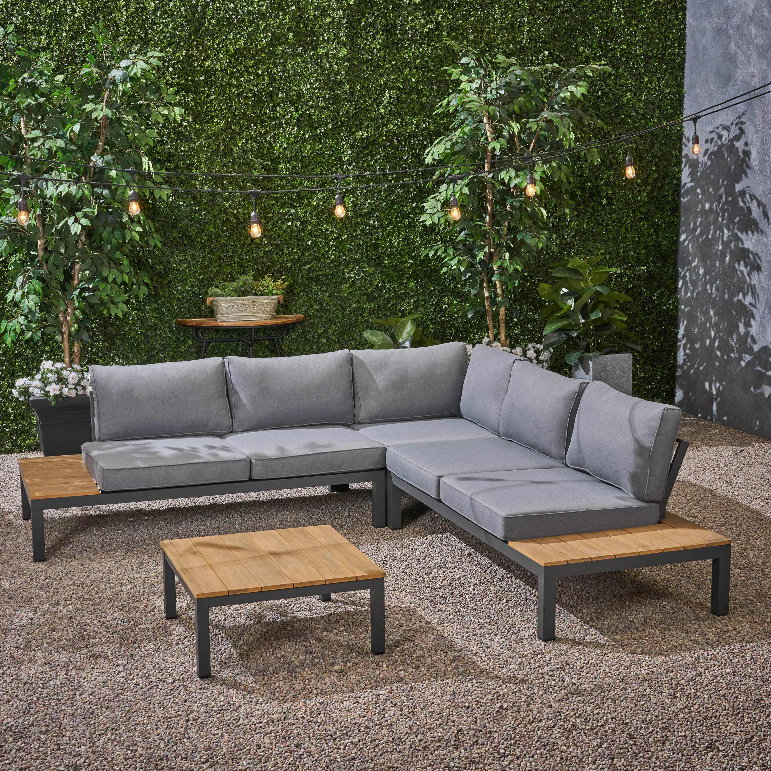 Blessen Outdoor Aluminum and Wood V-Shaped Sofa Set with Cushions