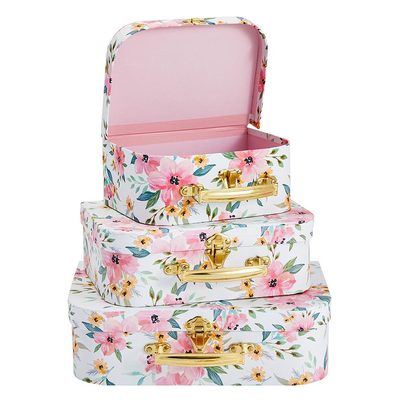 Set of 3 Different Sizes of Paperboard Suitcases with Metal Handles， Floral Print Decorative Cardboard Storage Boxes (Floral Print)