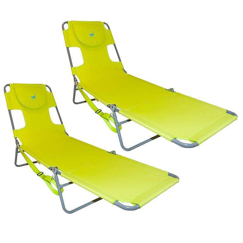 Ostrich Chaise Lounge Foldable Sunbathing Beach Lawn Chair， Neon Green (2 Pack)