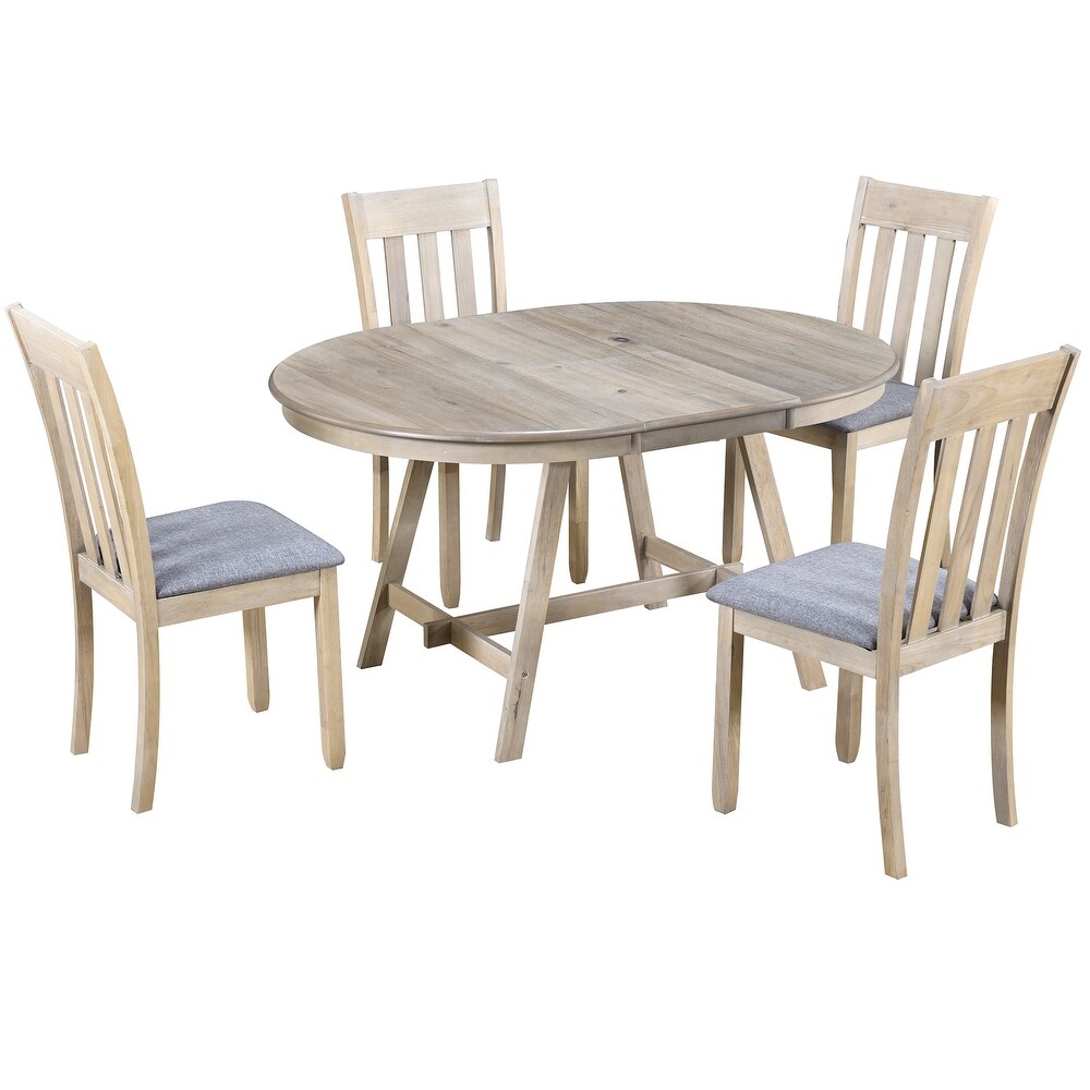 5 Piece Round Extendable Dining Table Set with 4 Chairs  Natural Wood