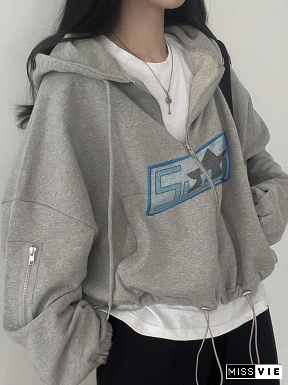 Vintage Graphic Print Drawstring Hem Oversized Hoodie