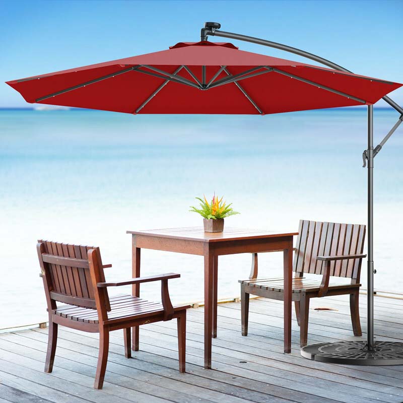 10 FT Offset Patio Umbrella with Solar LED Lights & Cross Base, Large Outdoor Cantilever Umbrella for Sun Rain