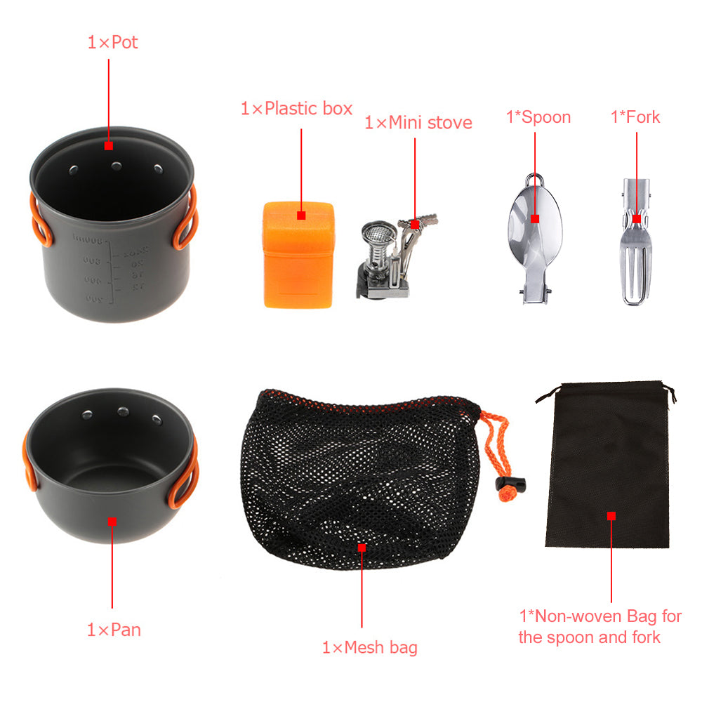 Tomshoo Outdoor Camping Hiking Cookware with Mini Camping Piezoelectric Ignition Backpacking Cooking Picnic Pot Set Cook Set With Fork and Spoon