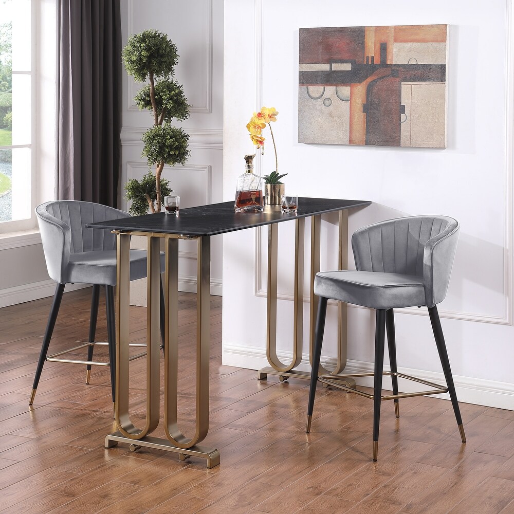 Modern Velvet Upholstered Bar Stools  Counter Height Metal Dining Chairs with Deep Channel Tufting Backrest and Footstool