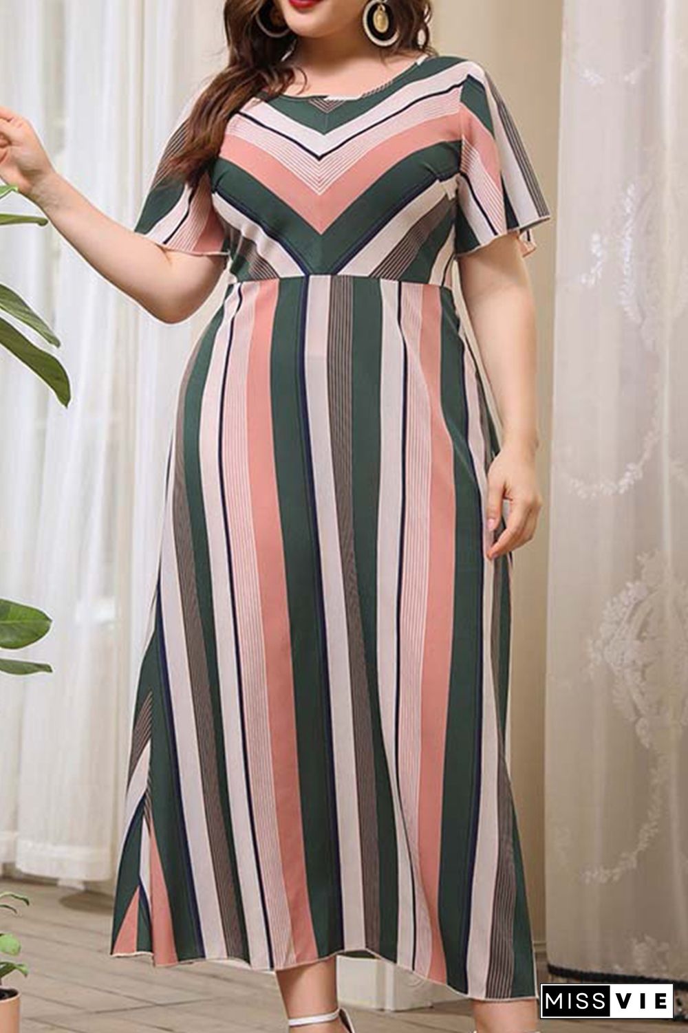 Stripe Print Plus Size Maxi Dress