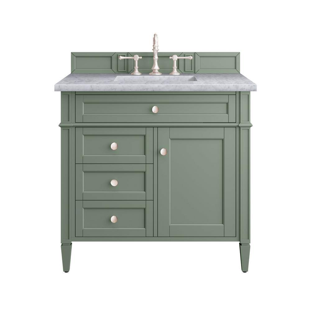 James Martin Vanities Brittany 36.0 in. W x 23.5 in. D x 33.8 in. H Bathroom Vanity in Smokey Celadon with Carrara Marble Marble Top 650-V36-SC-3CAR