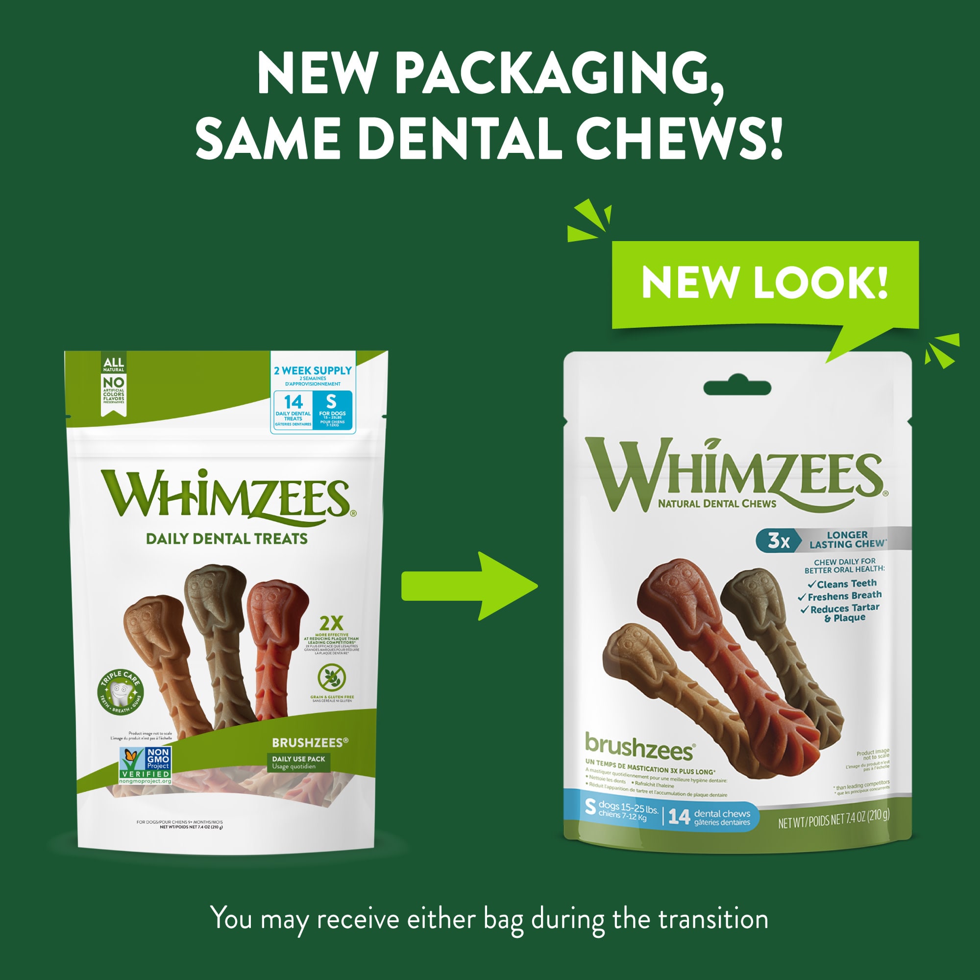 Whimzees Natural Grain Free Daily Dental Small Dog Treats， 7.4 oz.， Pack of 14